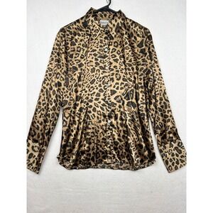Chico's Satin Blouse Womens Size 1 Medium Leopard Print Button Down Chic